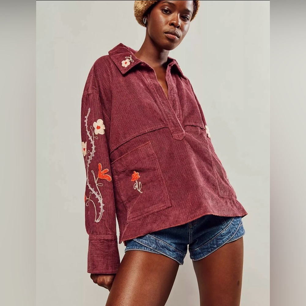 FREE PEOPLE WE THE FREE Winter Bloom Pullover Top Corduroy Embroidered XL‎